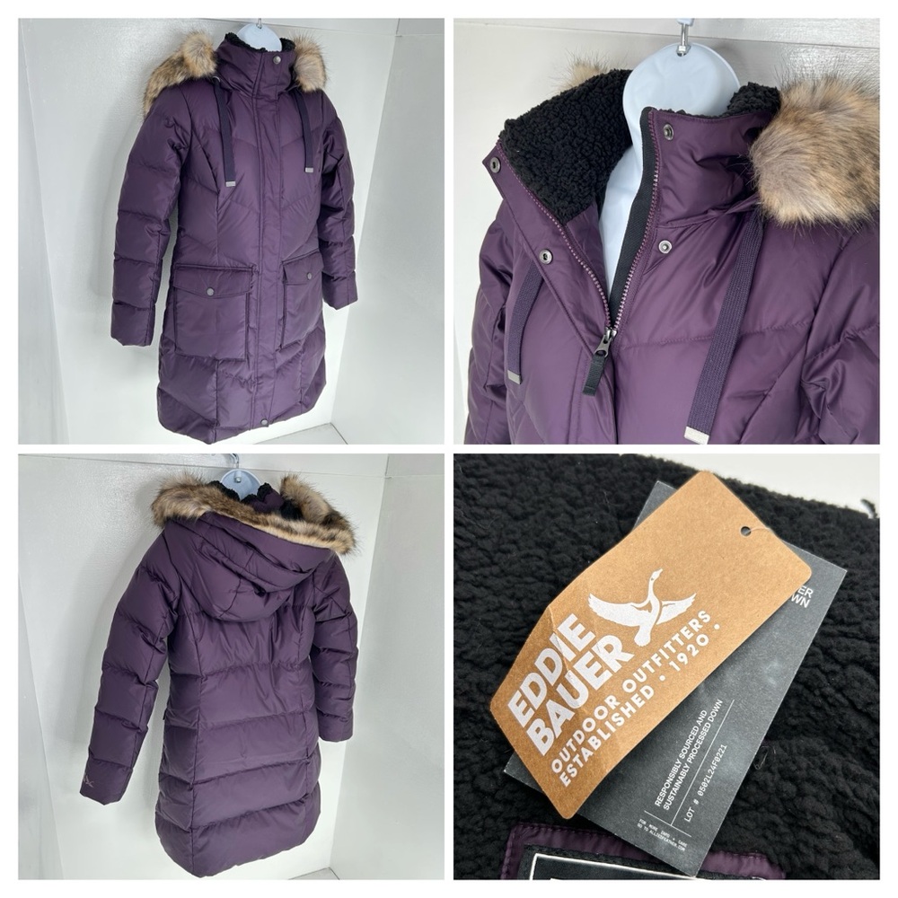 Eddie Bauer NWT Lodge Cascadian Down Parka Size PXS Eggplant‎ 650 Fill Hooded